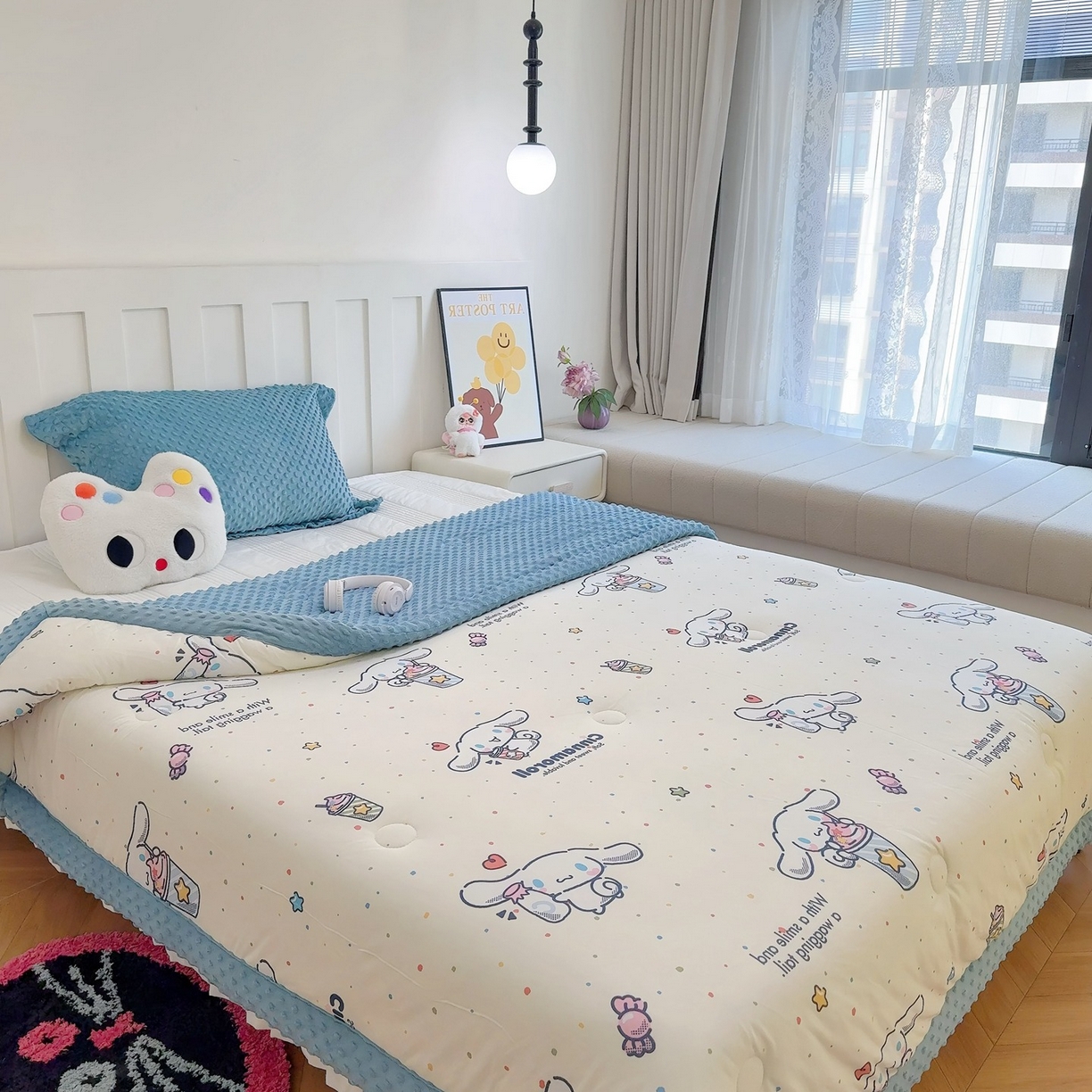 91家纺网 家纺一手货源 找家纺 兜米家居 2025新款三丽鸥针织豆豆绒被纯手工包边卡通立体豆豆绒保暖被子被芯 冰淇淋玉桂狗