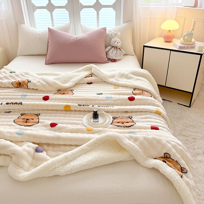 91家纺网 家纺一手货源 找家纺 网客家纺 2025新款高克重印花泡泡绒毛毯毯子 卡皮巴拉