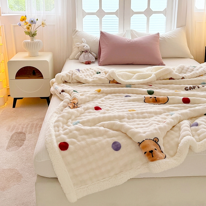 91家纺网 家纺一手货源 找家纺 网客家纺 2025新款高克重印花泡泡绒毛毯毯子 卡皮巴拉