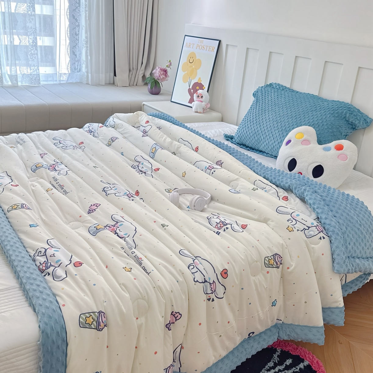 91家纺网 家纺一手货源 找家纺 兜米家居 2025新款三丽鸥针织豆豆绒被纯手工包边卡通立体豆豆绒保暖被子被芯 冰淇淋玉桂狗