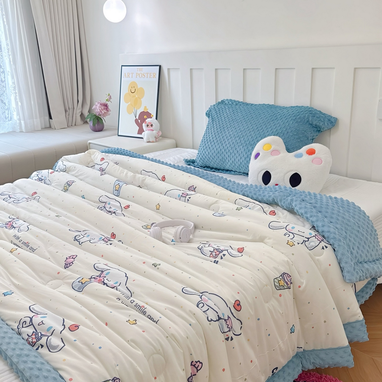91家纺网 家纺一手货源 找家纺 兜米家居 2025新款三丽鸥针织豆豆绒被纯手工包边卡通立体豆豆绒保暖被子被芯 冰淇淋玉桂狗