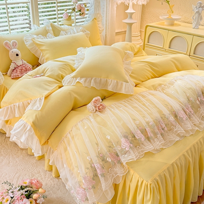 后庭寝室 2025新款韩版蕾丝床裙款四件套-星辰系列 星辰-嫩黄