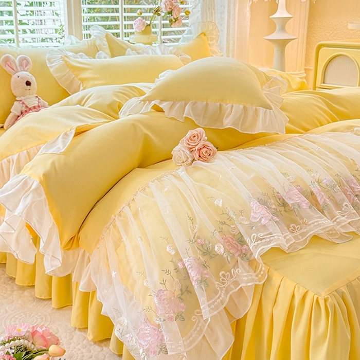 91家纺网 家纺一手货源 找家纺 后庭寝室 2025新款韩版蕾丝床裙款四件套-星辰系列 星辰-嫩黄