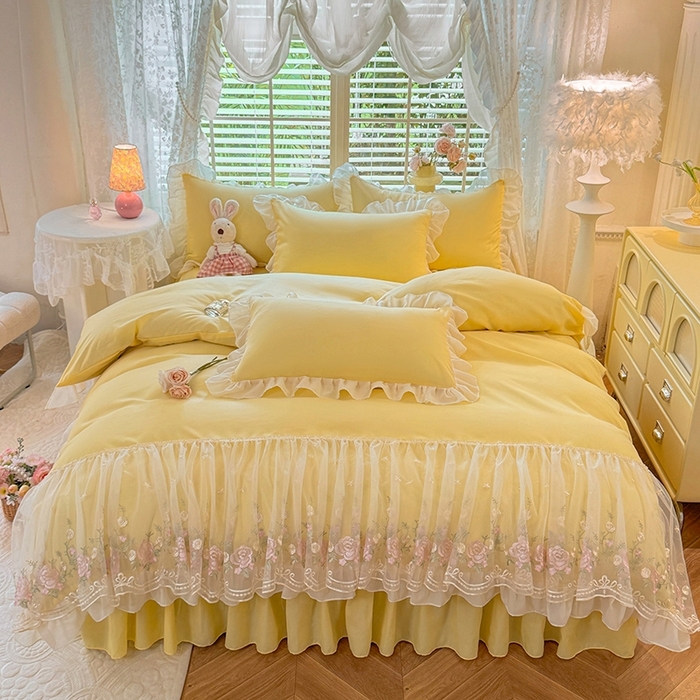 91家纺网 家纺一手货源 找家纺 后庭寝室 2025新款韩版蕾丝床裙款四件套-星辰系列 星辰-嫩黄