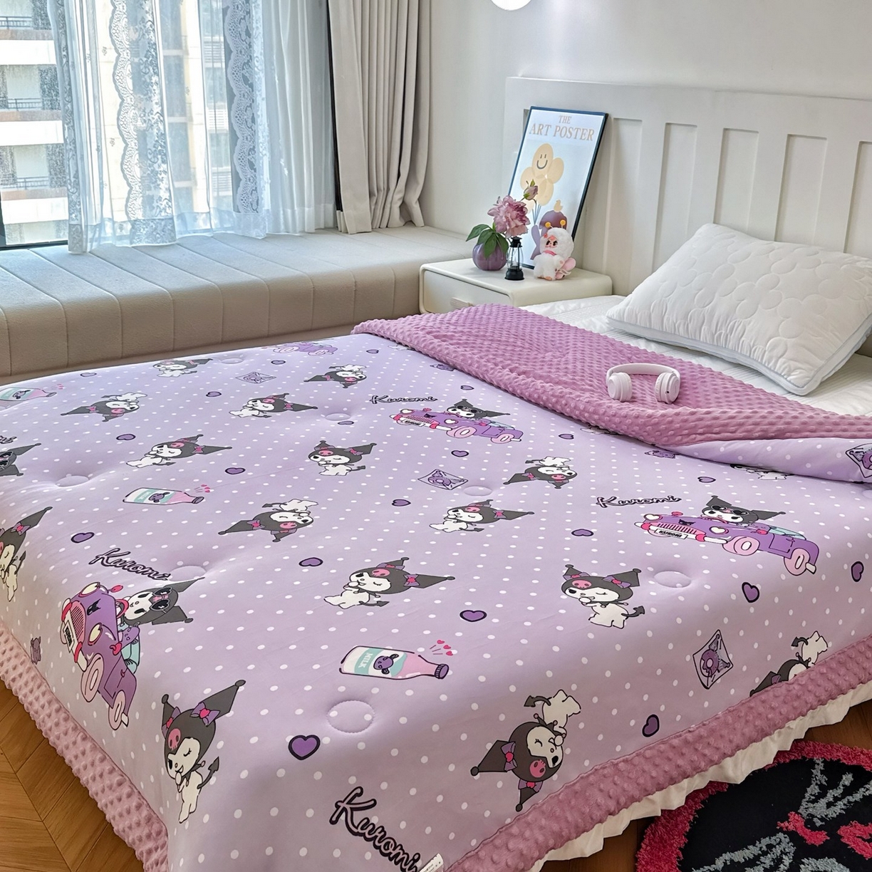 91家纺网 家纺一手货源 找家纺 兜米家居 2025新款三丽鸥针织豆豆绒被纯手工包边卡通立体豆豆绒保暖被子被芯 波点库洛米