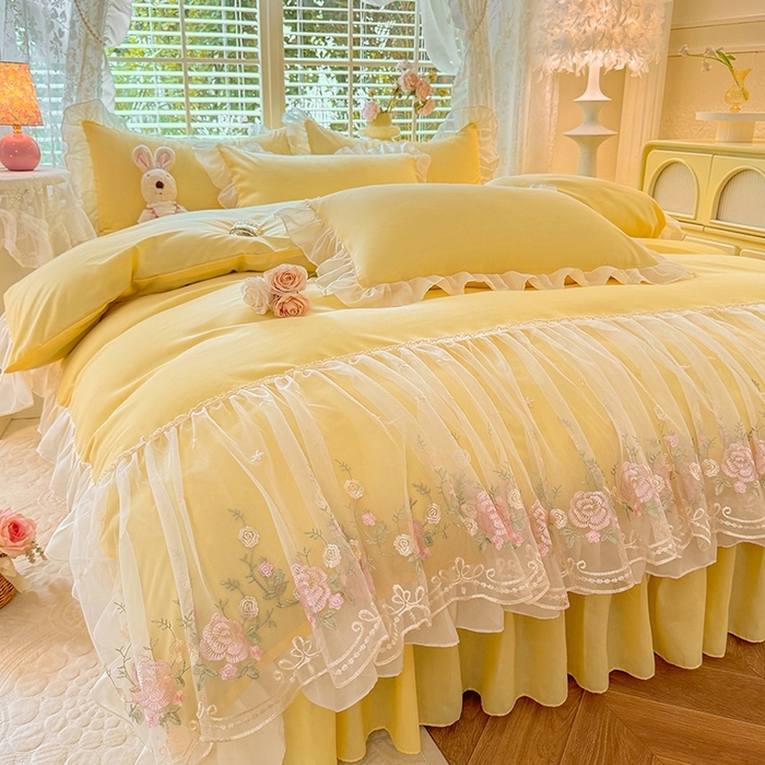 91家纺网 家纺一手货源 找家纺 后庭寝室 2025新款韩版蕾丝床裙款四件套-星辰系列 星辰-嫩黄