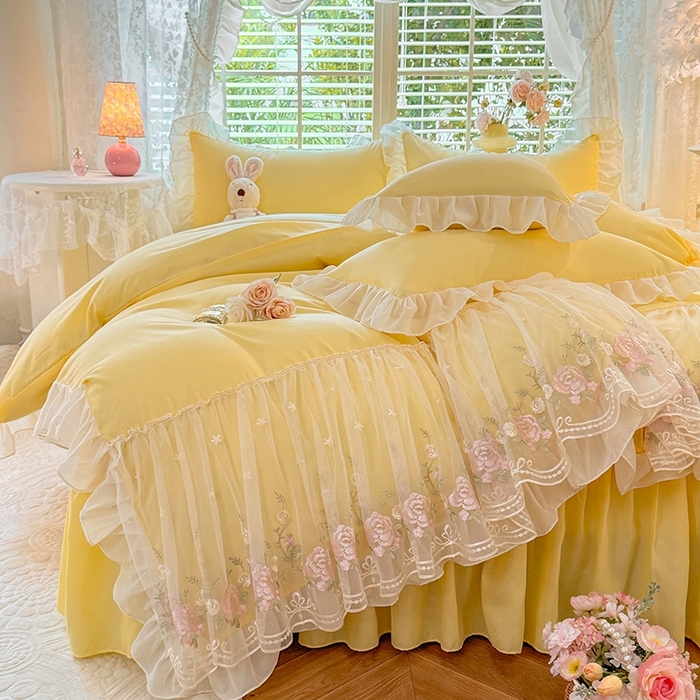 91家纺网 家纺一手货源 找家纺 后庭寝室 2025新款韩版蕾丝床裙款四件套-星辰系列 星辰-嫩黄