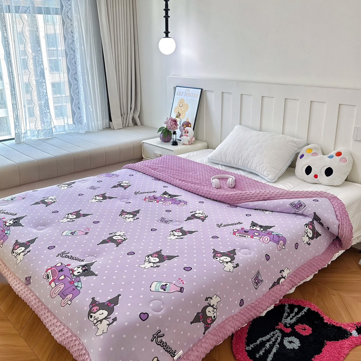 91家纺网 家纺一手货源 找家纺 兜米家居 2025新款三丽鸥针织豆豆绒被纯手工包边卡通立体豆豆绒保暖被子被芯 波点库洛米