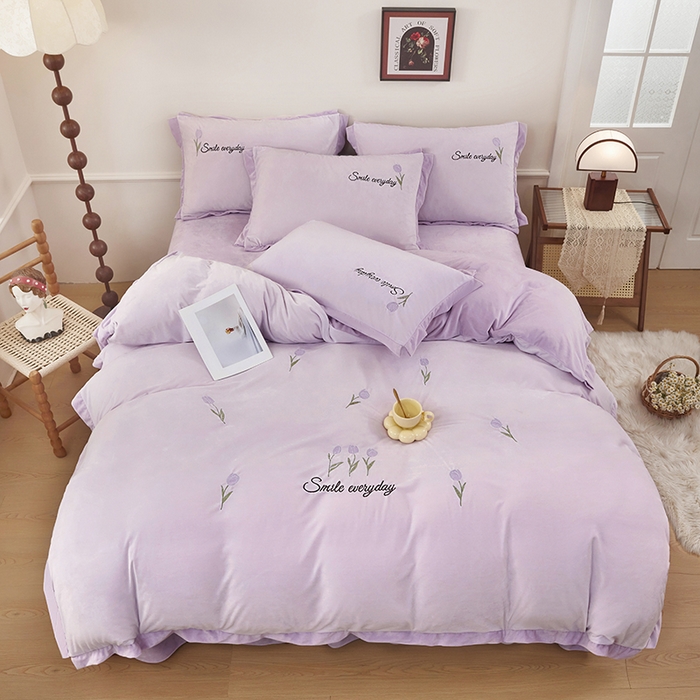 91家纺网 家纺一手货源 找家纺 苏木年华 2025新款婴儿绒高端绣花四件套-郁金香 郁金香-梦幻紫