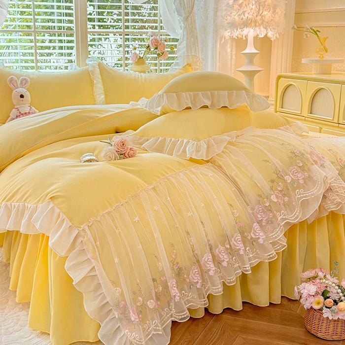 91家纺网 家纺一手货源 找家纺 后庭寝室 2025新款韩版蕾丝床裙款四件套-星辰系列 星辰-嫩黄