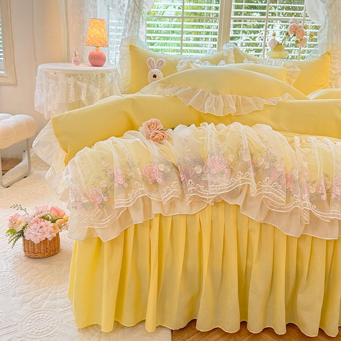 91家纺网 家纺一手货源 找家纺 后庭寝室 2025新款韩版蕾丝床裙款四件套-星辰系列 星辰-嫩黄