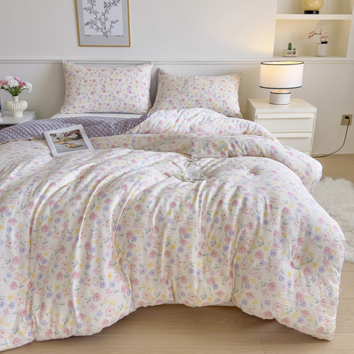 91家纺网 家纺一手货源 找家纺 玛德琳 2025新款A类皱皱纱豆豆绒抗菌保暖被子被芯 紫鸢