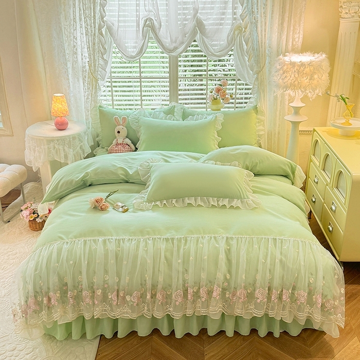 91家纺网 家纺一手货源 找家纺 后庭寝室 2025新款韩版蕾丝床裙款四件套-星辰系列 星辰-嫩绿