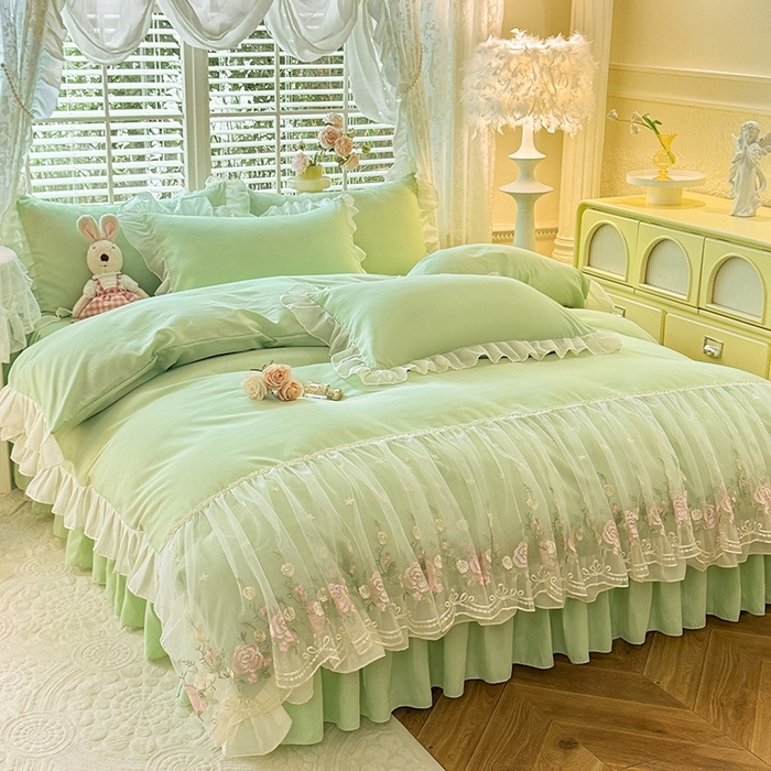 91家纺网 家纺一手货源 找家纺 后庭寝室 2025新款韩版蕾丝床裙款四件套-星辰系列 星辰-嫩绿