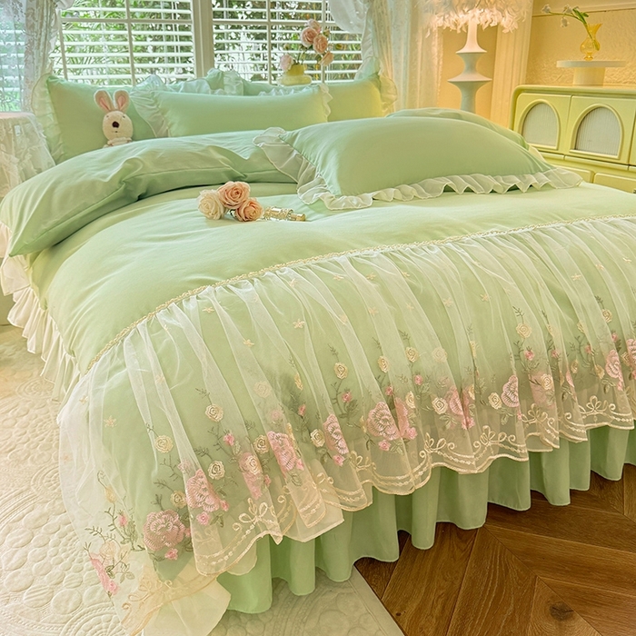 91家纺网 家纺一手货源 找家纺 后庭寝室 2025新款韩版蕾丝床裙款四件套-星辰系列 星辰-嫩绿