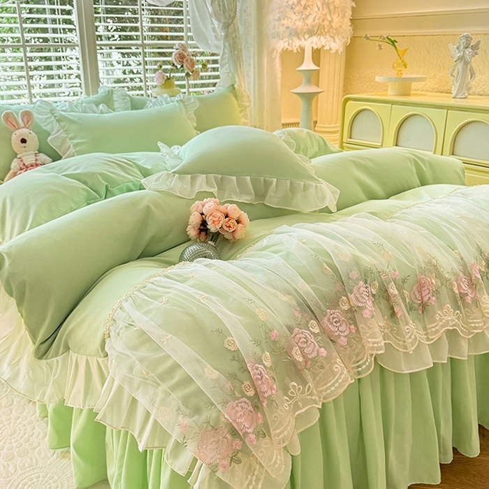 91家纺网 家纺一手货源 找家纺 后庭寝室 2025新款韩版蕾丝床裙款四件套-星辰系列 星辰-嫩绿