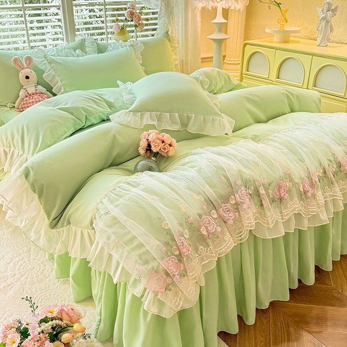 91家纺网 家纺一手货源 找家纺 后庭寝室 2025新款韩版蕾丝床裙款四件套-星辰系列 星辰-嫩绿