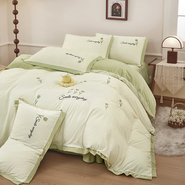 苏木年华 2025新款婴儿绒高端绣花四件套-郁金香 郁金香-抹茶绿