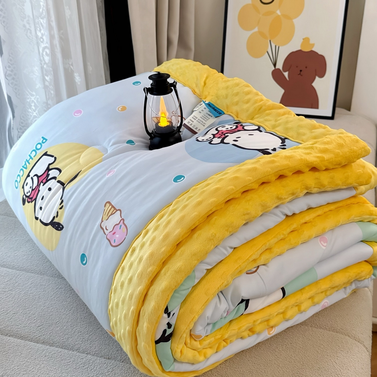 兜米家居 2025新款三丽鸥针织豆豆绒被纯手工包边卡通立体豆豆绒保暖被子被芯 彩点帕恰狗