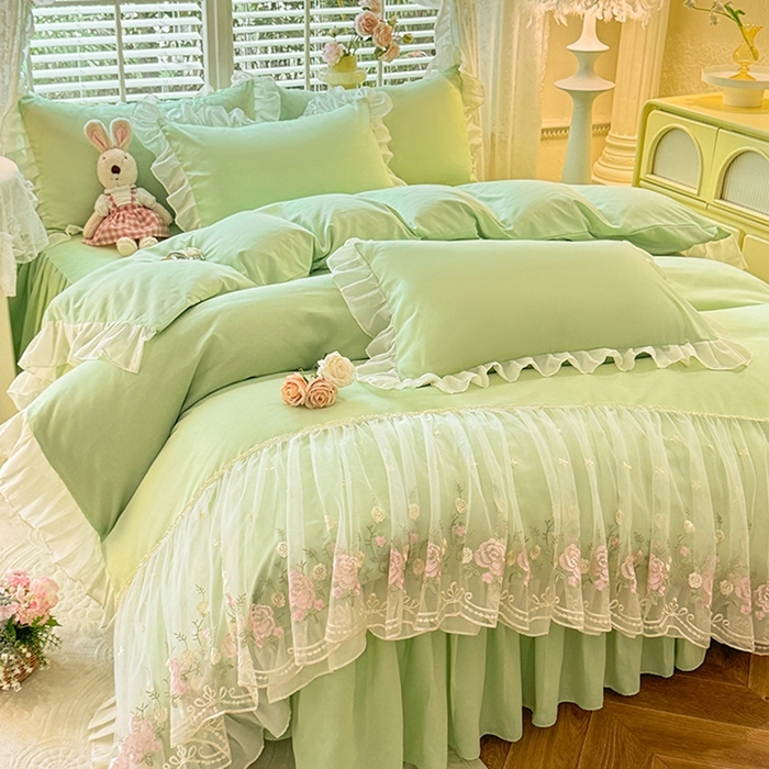 91家纺网 家纺一手货源 找家纺 后庭寝室 2025新款韩版蕾丝床裙款四件套-星辰系列 星辰-嫩绿