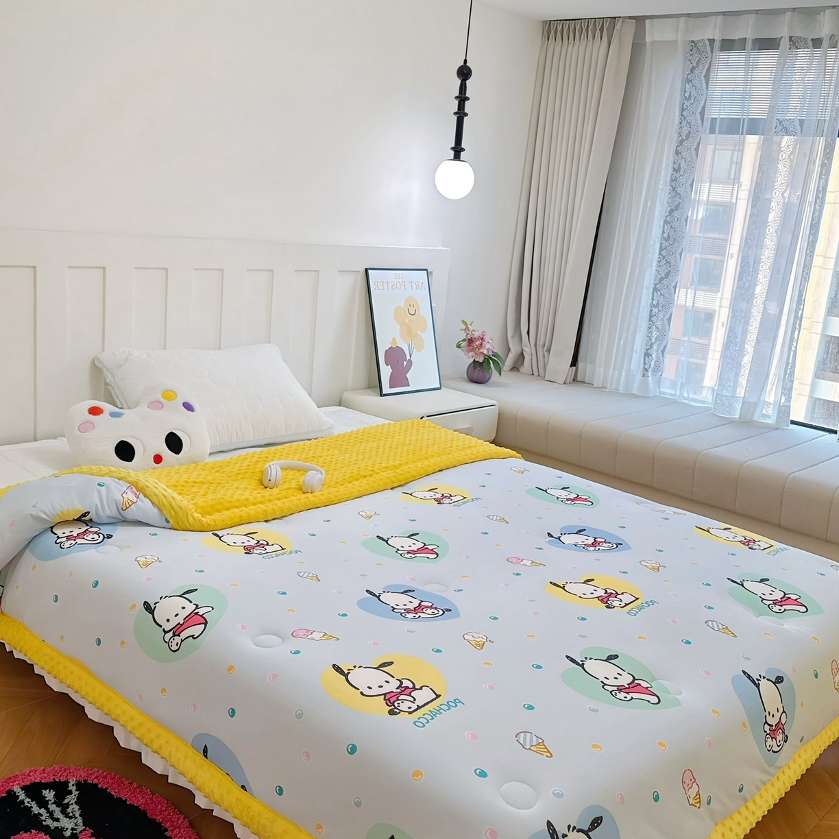 91家纺网 家纺一手货源 找家纺 兜米家居 2025新款三丽鸥针织豆豆绒被纯手工包边卡通立体豆豆绒保暖被子被芯 彩点帕恰狗