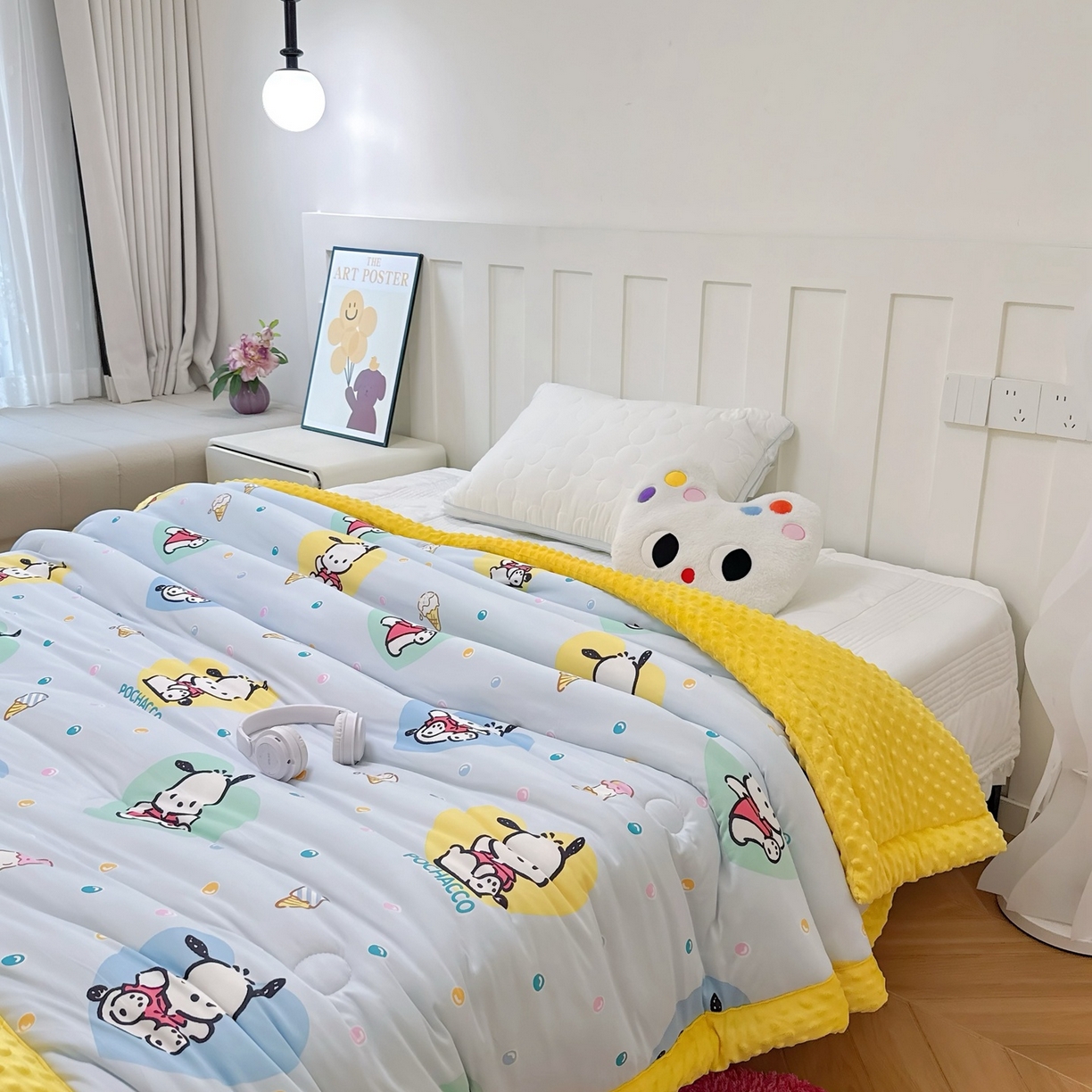 91家纺网 家纺一手货源 找家纺 兜米家居 2025新款三丽鸥针织豆豆绒被纯手工包边卡通立体豆豆绒保暖被子被芯 彩点帕恰狗