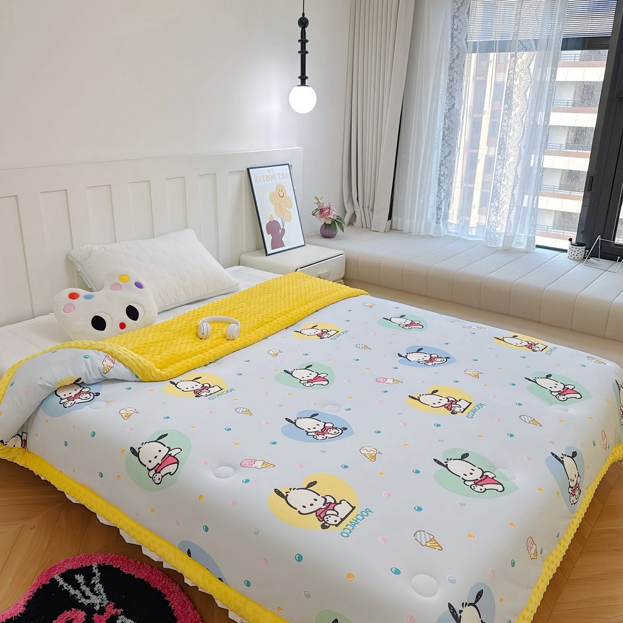 91家纺网 家纺一手货源 找家纺 兜米家居 2025新款三丽鸥针织豆豆绒被纯手工包边卡通立体豆豆绒保暖被子被芯 彩点帕恰狗