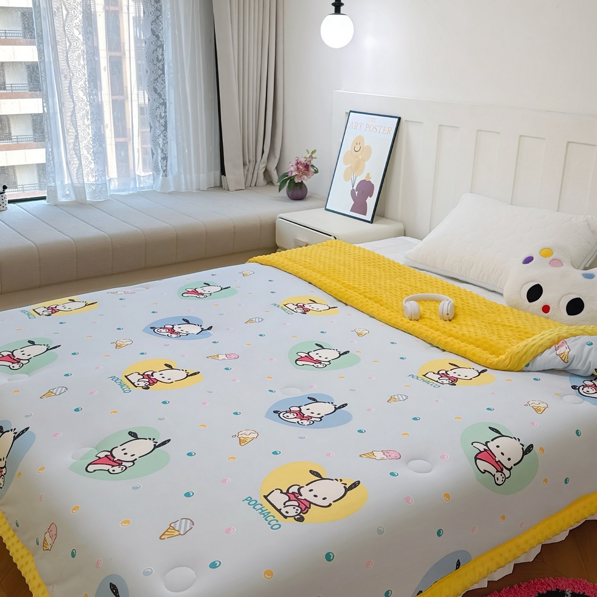 91家纺网 家纺一手货源 找家纺 兜米家居 2025新款三丽鸥针织豆豆绒被纯手工包边卡通立体豆豆绒保暖被子被芯 彩点帕恰狗