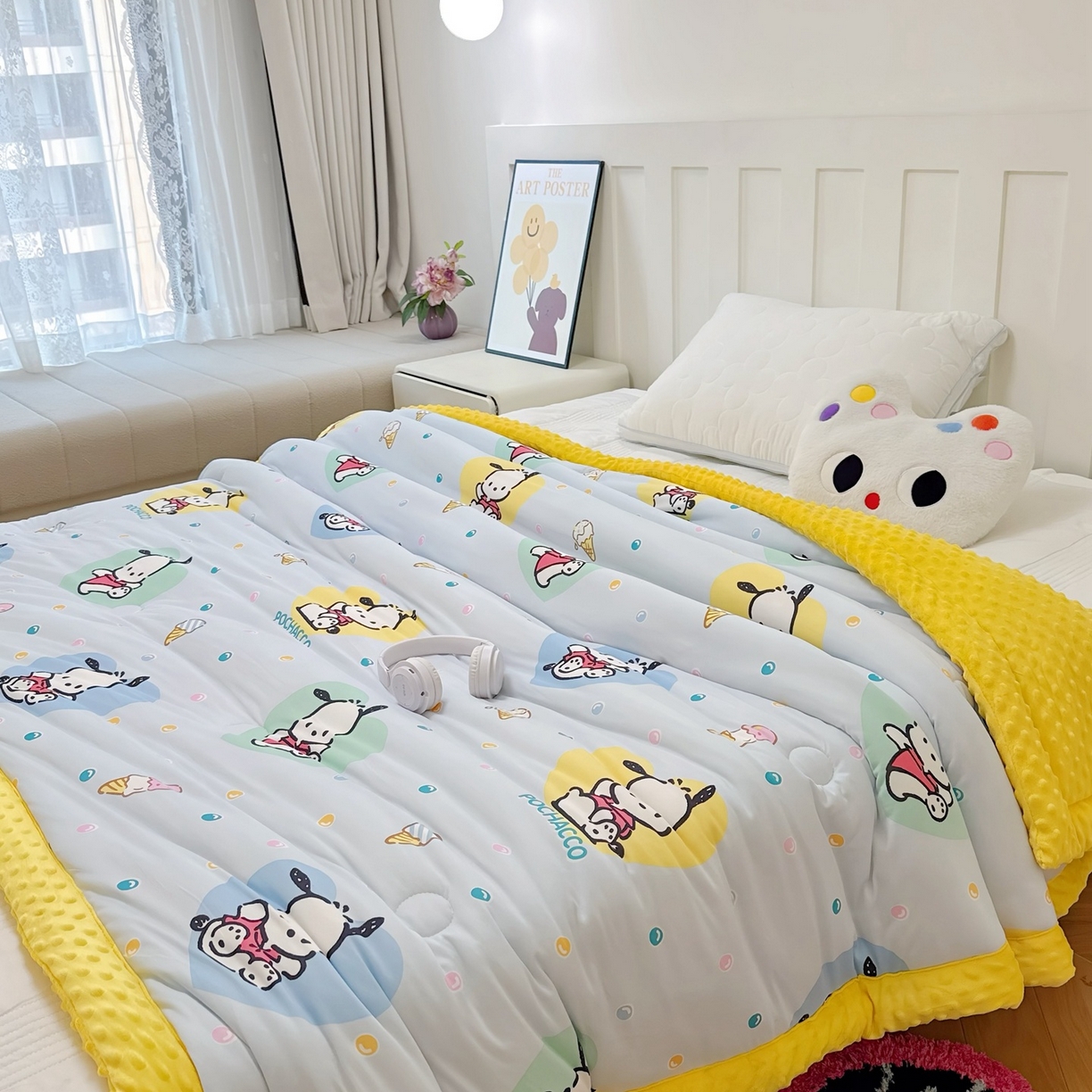 91家纺网 家纺一手货源 找家纺 兜米家居 2025新款三丽鸥针织豆豆绒被纯手工包边卡通立体豆豆绒保暖被子被芯 彩点帕恰狗