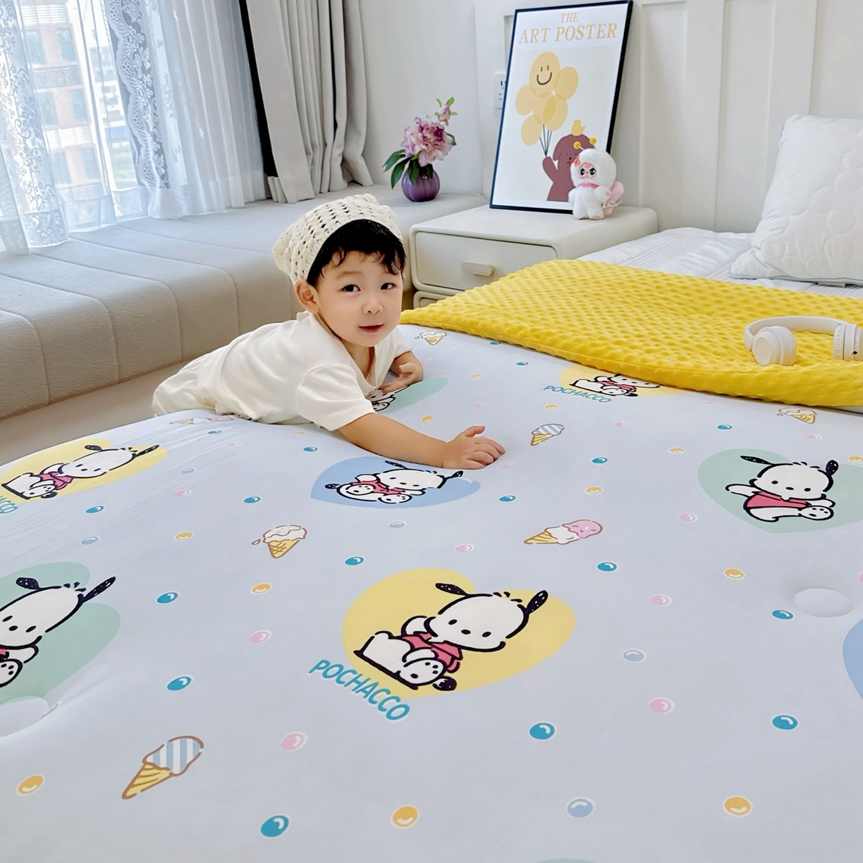 91家纺网 家纺一手货源 找家纺 兜米家居 2025新款三丽鸥针织豆豆绒被纯手工包边卡通立体豆豆绒保暖被子被芯 彩点帕恰狗