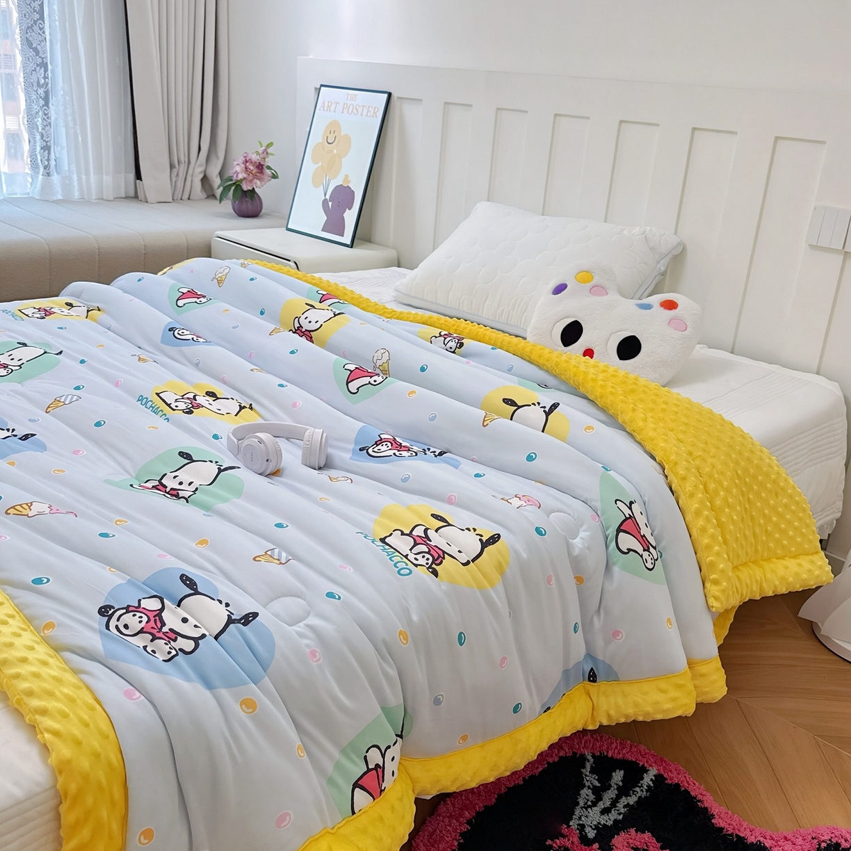 91家纺网 家纺一手货源 找家纺 兜米家居 2025新款三丽鸥针织豆豆绒被纯手工包边卡通立体豆豆绒保暖被子被芯 彩点帕恰狗