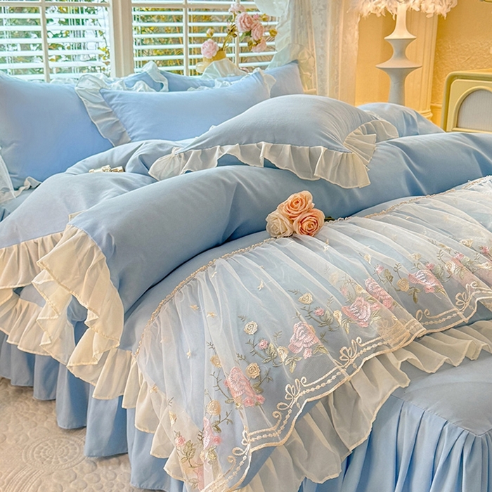 后庭寝室 2025新款韩版蕾丝床裙款四件套-星辰系列 星辰-浅蓝