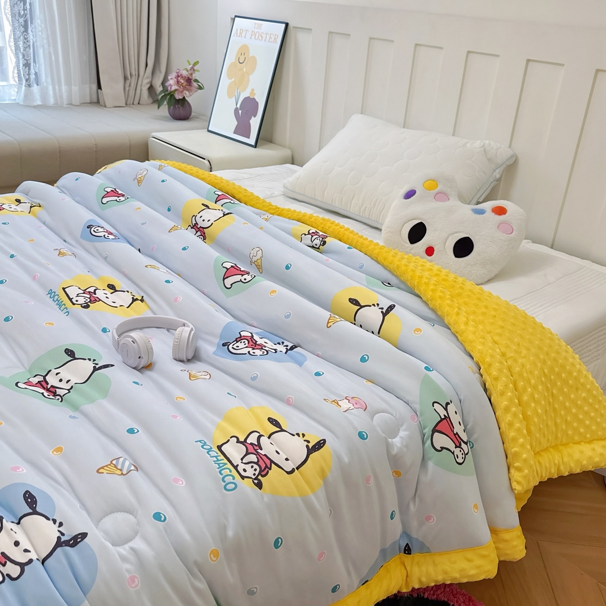 91家纺网 家纺一手货源 找家纺 兜米家居 2025新款三丽鸥针织豆豆绒被纯手工包边卡通立体豆豆绒保暖被子被芯 彩点帕恰狗