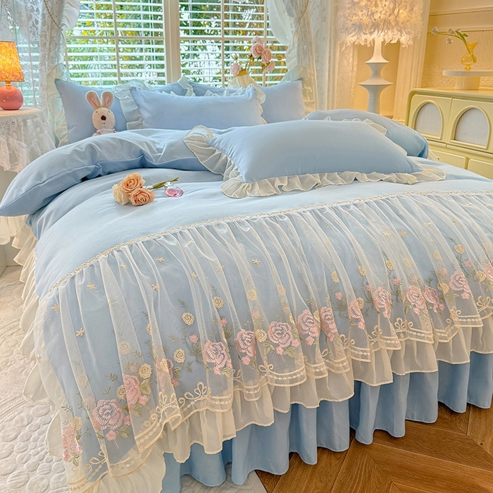 91家纺网 家纺一手货源 找家纺 后庭寝室 2025新款韩版蕾丝床裙款四件套-星辰系列 星辰-浅蓝