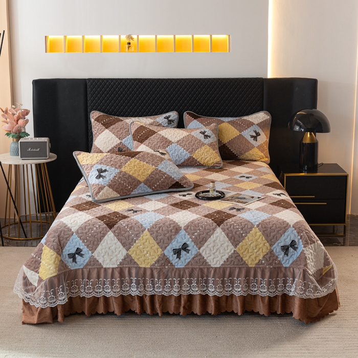 91家纺网 家纺一手货源 找家纺 梓依家纺 2025新款牛奶绒单床裙款蕾丝床盖三件套四件套 优雅蝴蝶结