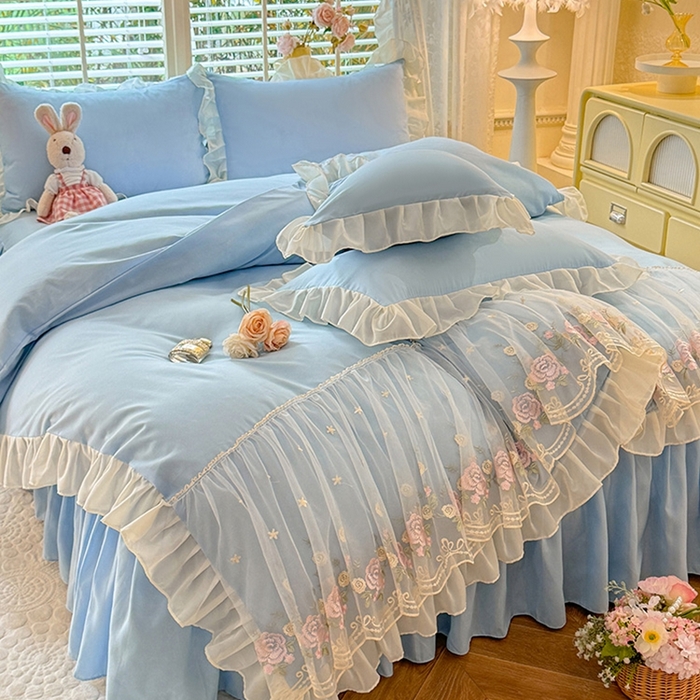 91家纺网 家纺一手货源 找家纺 后庭寝室 2025新款韩版蕾丝床裙款四件套-星辰系列 星辰-浅蓝