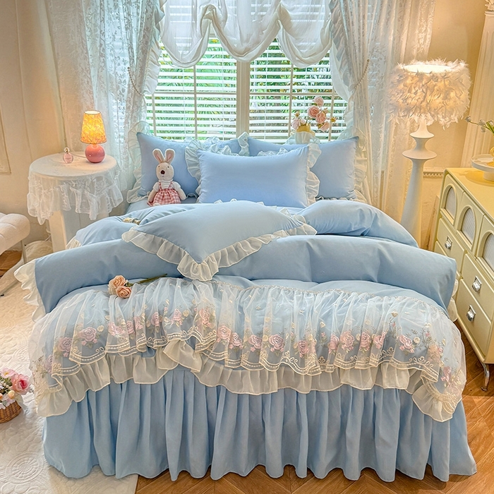 91家纺网 家纺一手货源 找家纺 后庭寝室 2025新款韩版蕾丝床裙款四件套-星辰系列 星辰-浅蓝