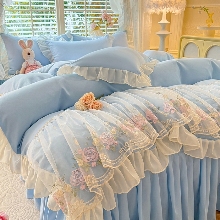 91家纺网 家纺一手货源 找家纺 后庭寝室 2025新款韩版蕾丝床裙款四件套-星辰系列 星辰-浅蓝