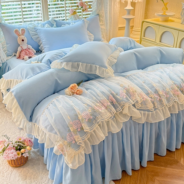 91家纺网 家纺一手货源 找家纺 后庭寝室 2025新款韩版蕾丝床裙款四件套-星辰系列 星辰-浅蓝