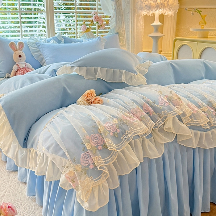 91家纺网 家纺一手货源 找家纺 后庭寝室 2025新款韩版蕾丝床裙款四件套-星辰系列 星辰-浅蓝