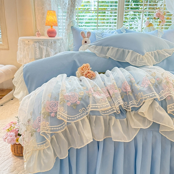 91家纺网 家纺一手货源 找家纺 后庭寝室 2025新款韩版蕾丝床裙款四件套-星辰系列 星辰-浅蓝