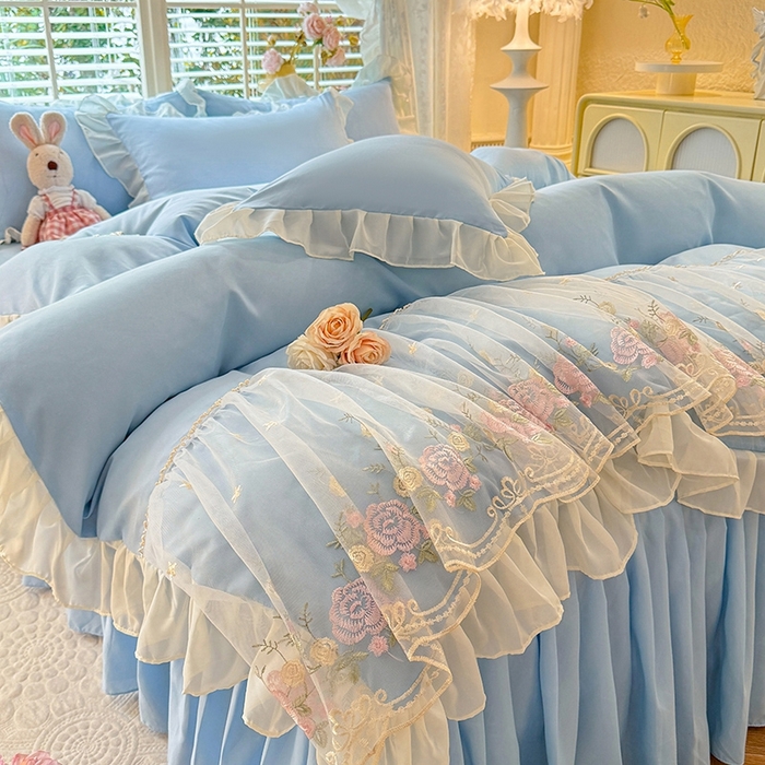 91家纺网 家纺一手货源 找家纺 后庭寝室 2025新款韩版蕾丝床裙款四件套-星辰系列 星辰-浅蓝