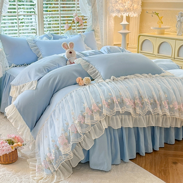 91家纺网 家纺一手货源 找家纺 后庭寝室 2025新款韩版蕾丝床裙款四件套-星辰系列 星辰-浅蓝