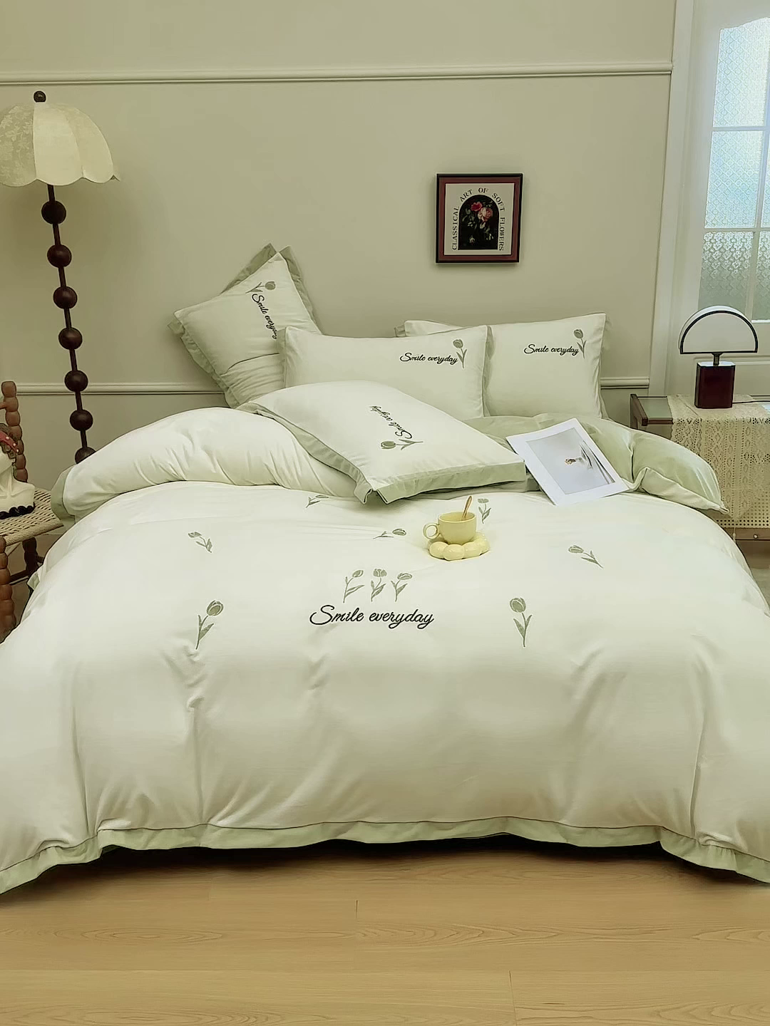 91家纺网 家纺一手货源 找家纺 苏木年华 2025新款婴儿绒高端绣花四件套-郁金香 郁金香-抹茶绿