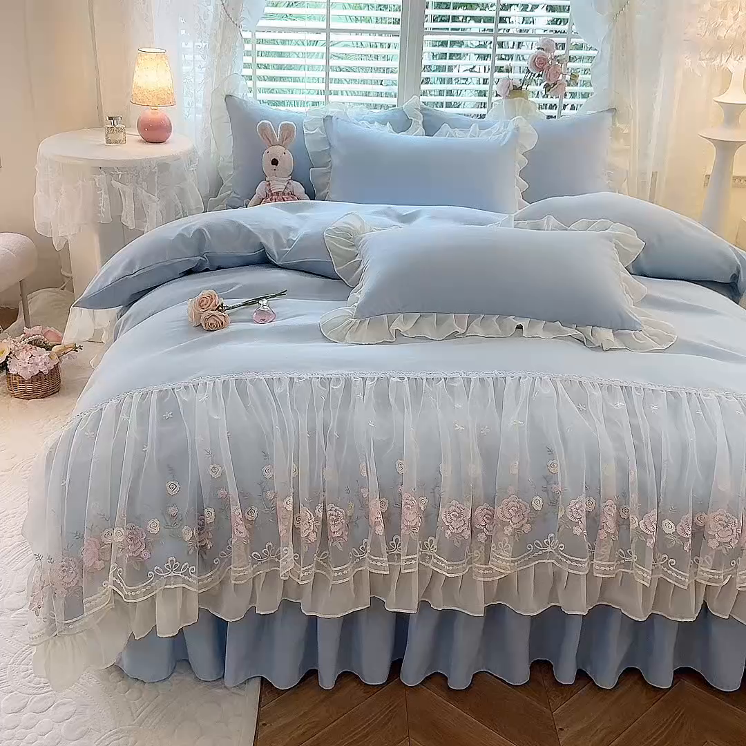 91家纺网 家纺一手货源 找家纺 后庭寝室 2025新款韩版蕾丝床裙款四件套-星辰系列 星辰-浅蓝