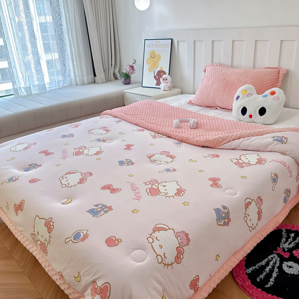 91家纺网 家纺一手货源 找家纺 兜米家居 2025新款三丽鸥针织豆豆绒被纯手工包边卡通立体豆豆绒保暖被子被芯 可爱凯蒂猫