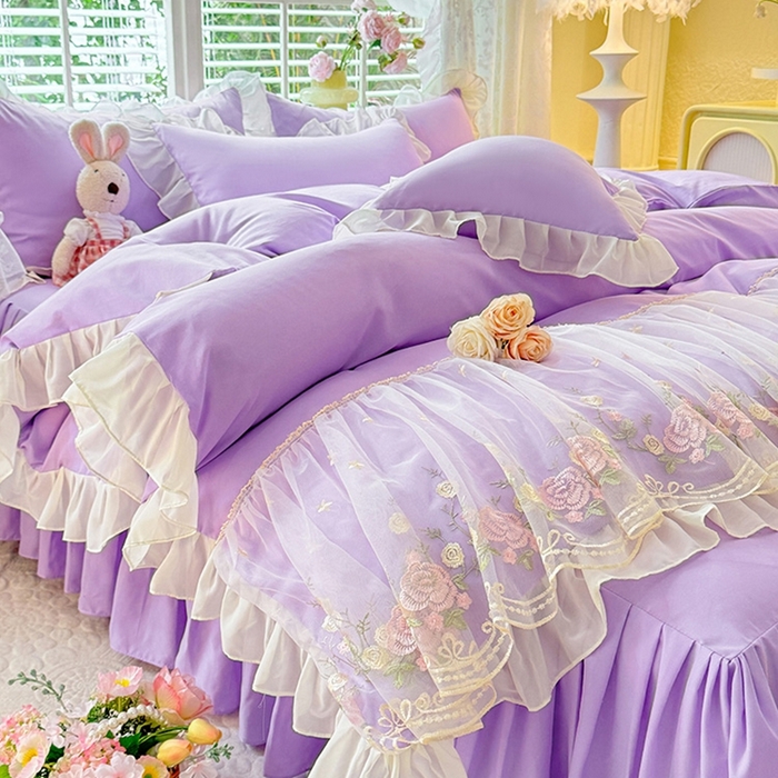 91家纺网 家纺一手货源 找家纺 后庭寝室 2025新款韩版蕾丝床裙款四件套-星辰系列 星辰-浅紫