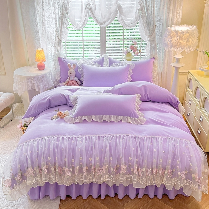 91家纺网 家纺一手货源 找家纺 后庭寝室 2025新款韩版蕾丝床裙款四件套-星辰系列 星辰-浅紫