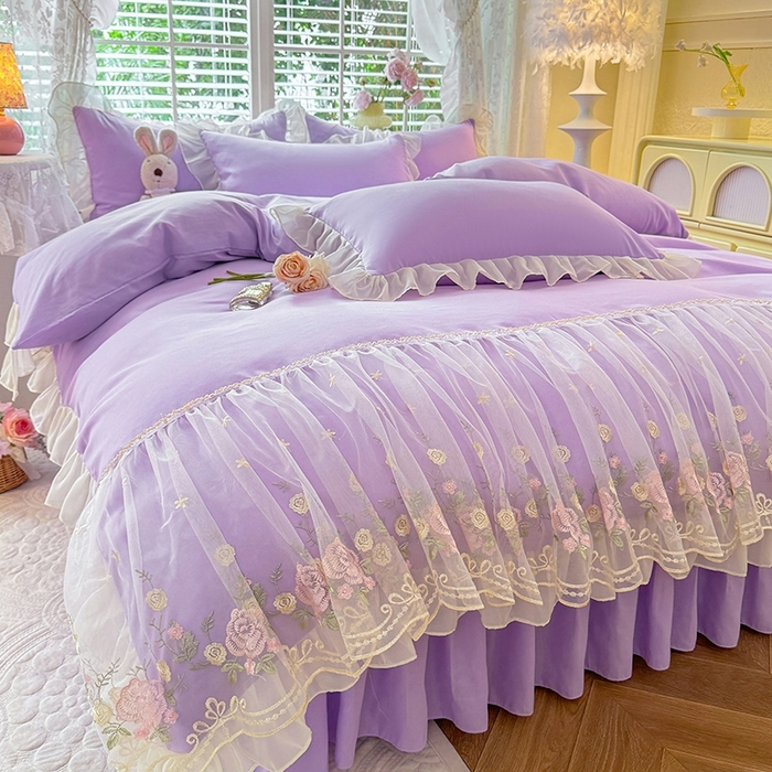 91家纺网 家纺一手货源 找家纺 后庭寝室 2025新款韩版蕾丝床裙款四件套-星辰系列 星辰-浅紫