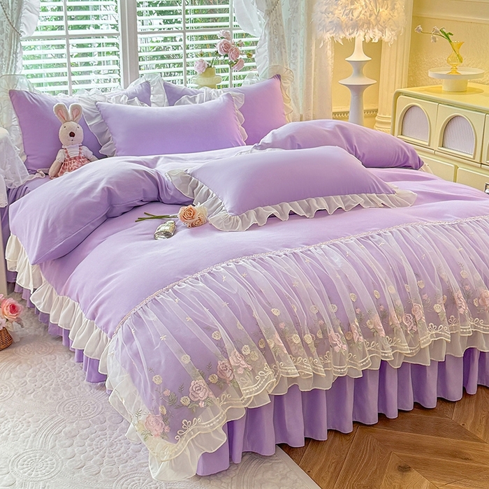 91家纺网 家纺一手货源 找家纺 后庭寝室 2025新款韩版蕾丝床裙款四件套-星辰系列 星辰-浅紫